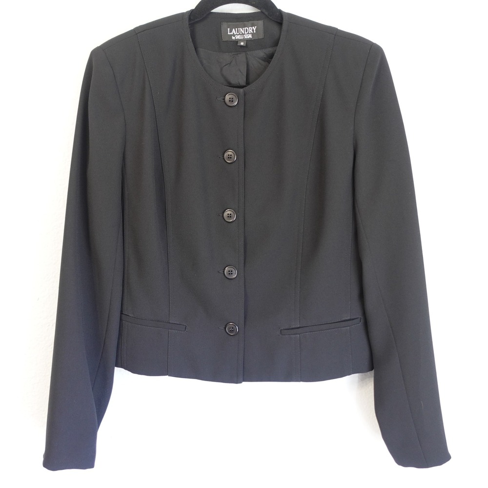 Vtg 90s Laundry Shelli Segal Blazer Womens 8 Black Button Up Cropped Jacket USA‎